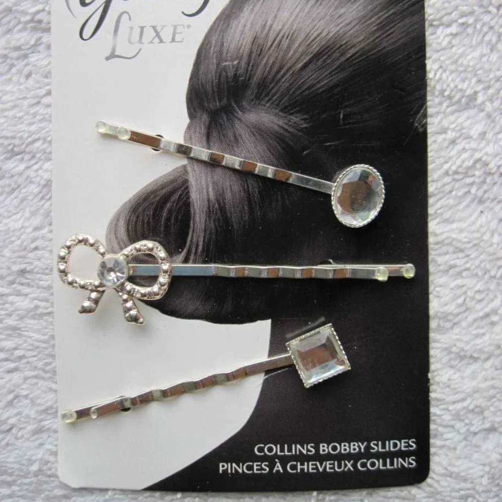 3 Goody Shiny Silver Diamond Gem Bow Oval Metal Collins Bobby Slide Hair Pins